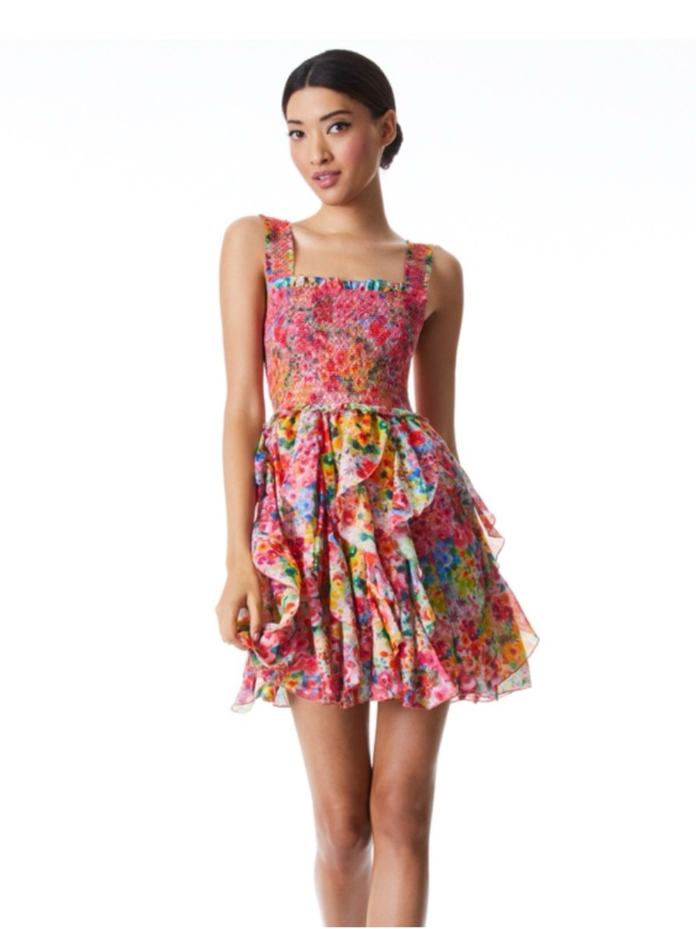 Alice + Olivia Floral JOCELYN SMOCKED MINI DRESS in Garden Floral Size 2